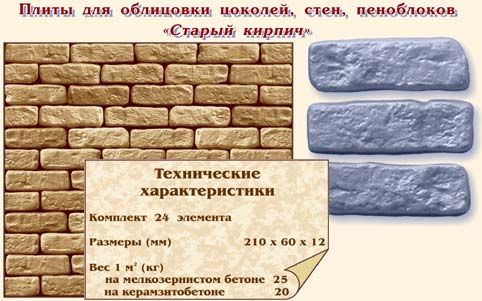 Плиты для облицовки цоколей, стен, пеноблоков "Старый кирпич"